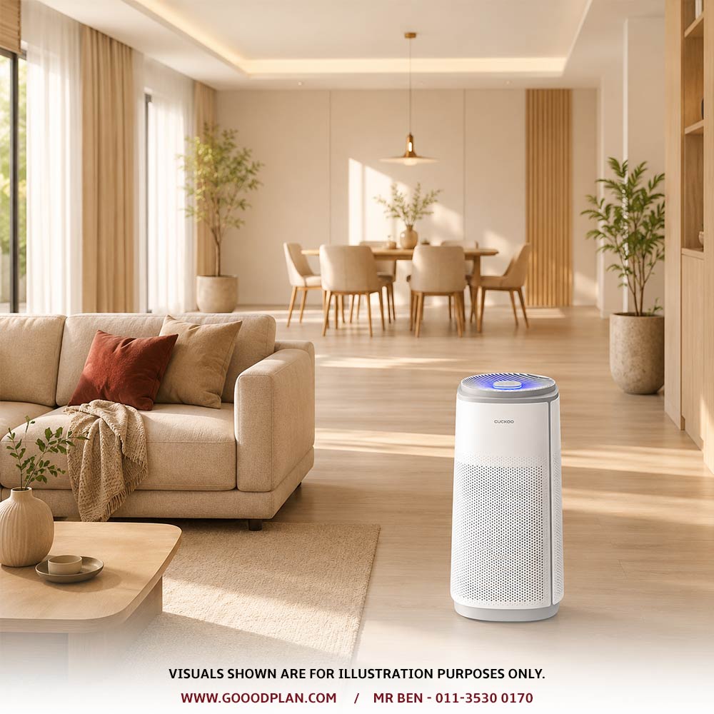 CUCKOO K Model air purifier in a large living room in Malaysia